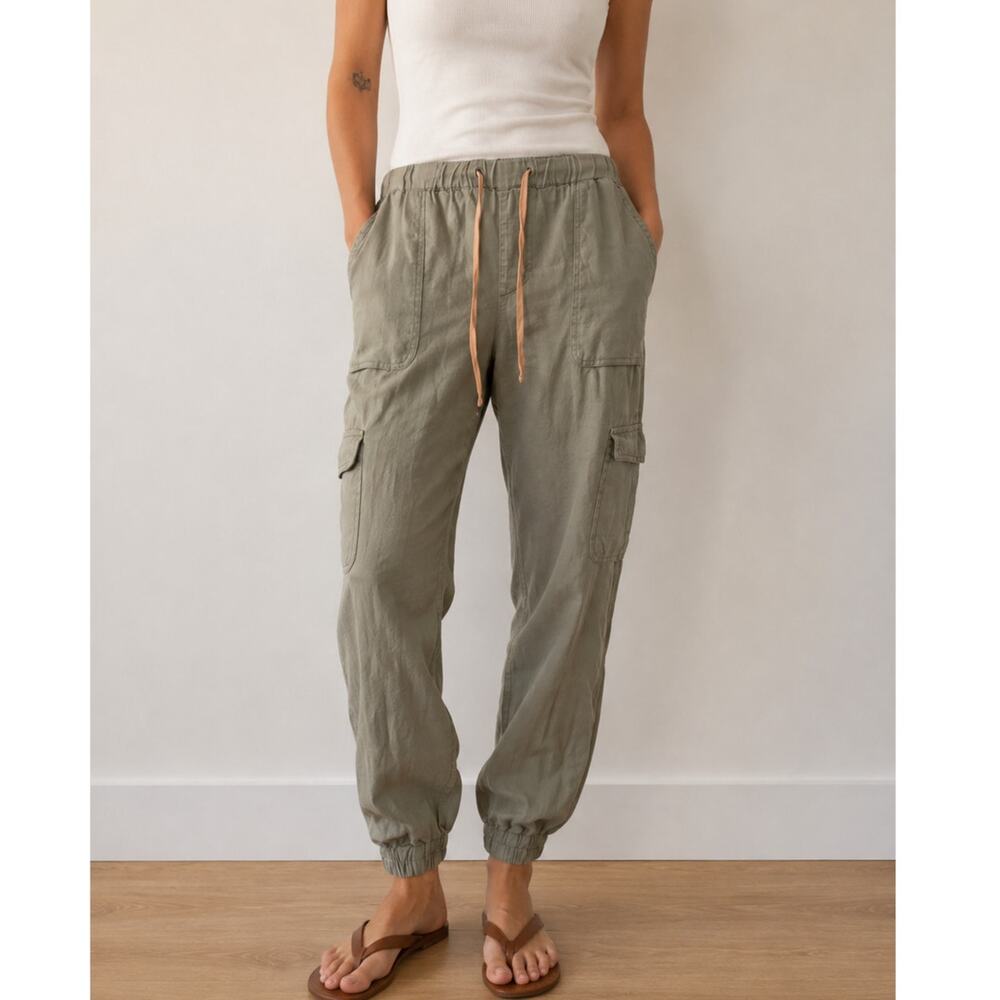 Nicole Miller New York 100% Linen Olive Cargo Jogger Pants Utility Size Large